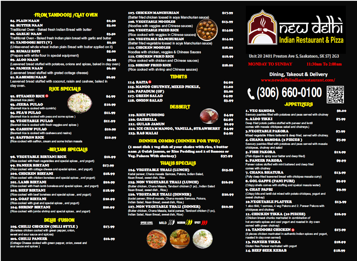 Menu, New Delhi Indian restaurant