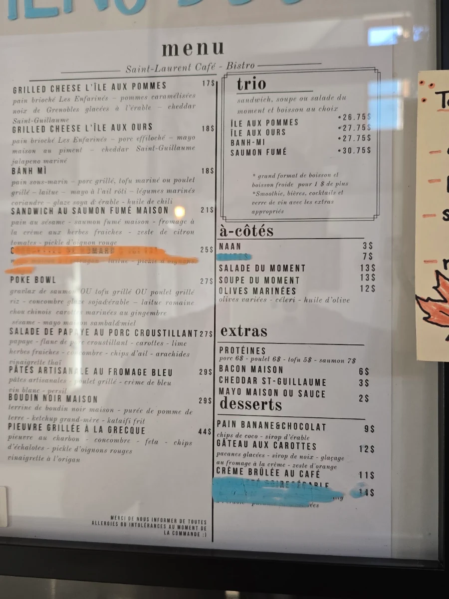 Menu, Saint Laurent Café