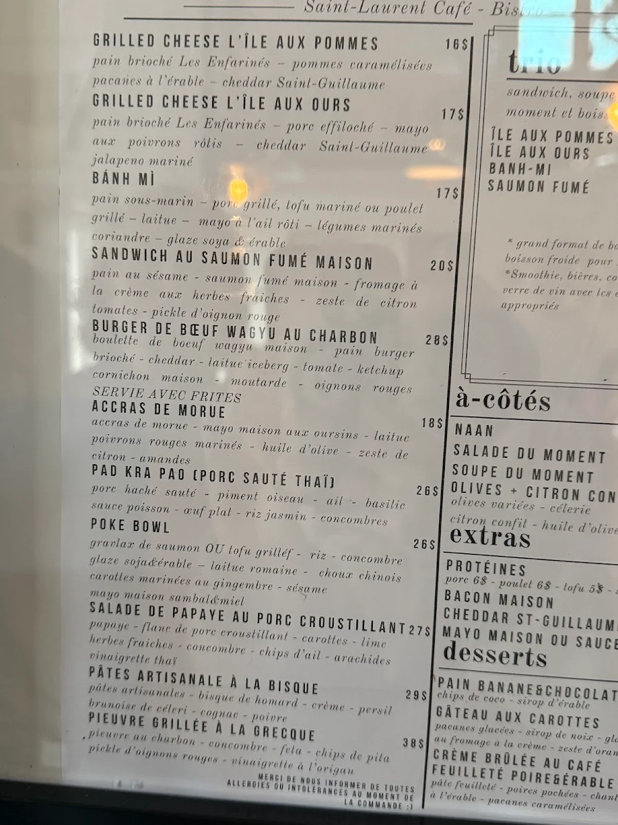 Menu, Saint Laurent Café