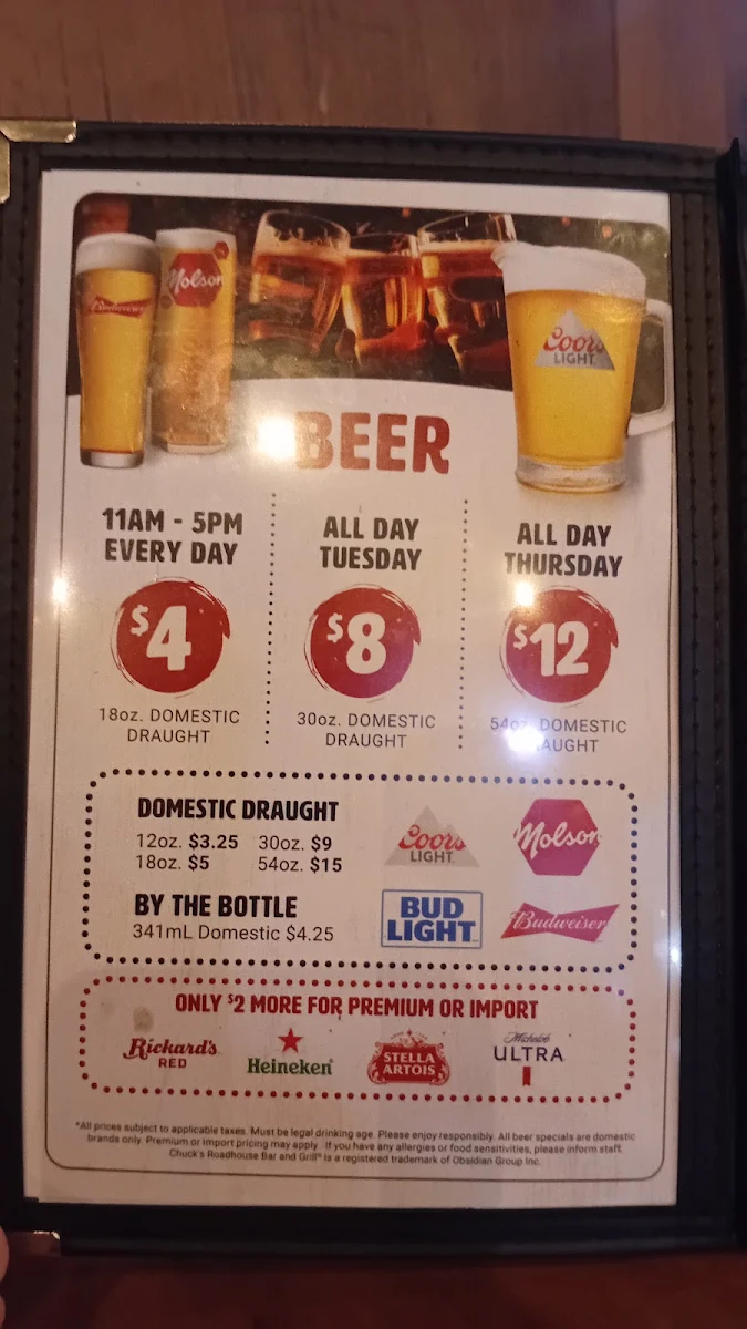 Menu, Chuck’s Roadhouse Bar and Grill