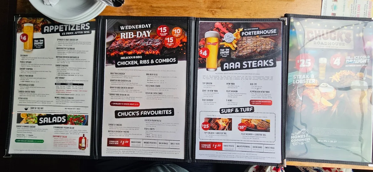 Menu, Chuck’s Roadhouse Bar and Grill