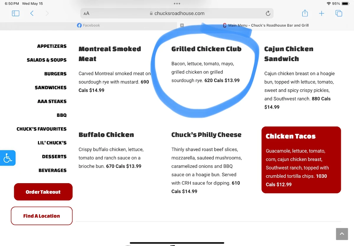 Menu, Chuck’s Roadhouse Bar and Grill