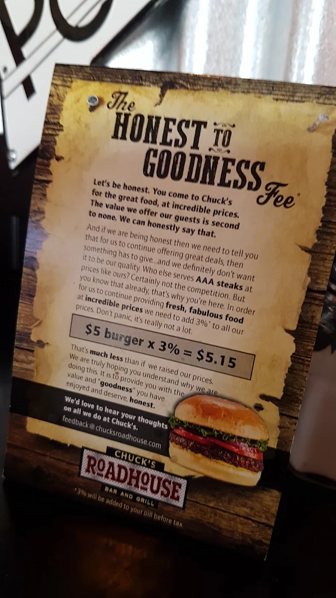 Menu, Chuck’s Roadhouse Bar and Grill