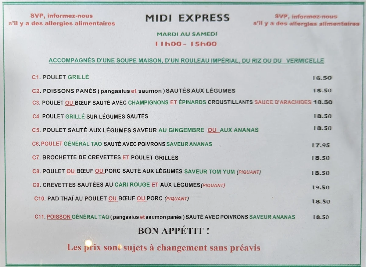 Menu, Restaurant Bambou D'Or