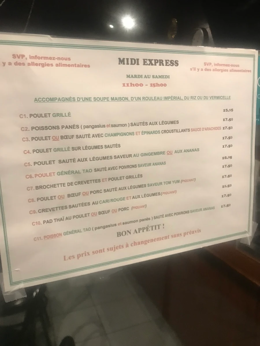 Menu, Restaurant Bambou D'Or