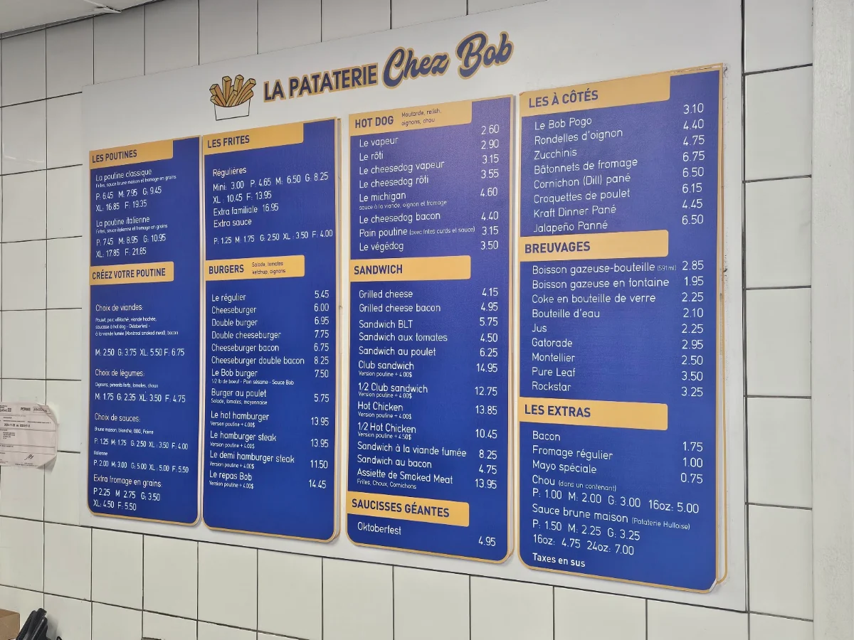 Menu, Chez Bob Pataterie