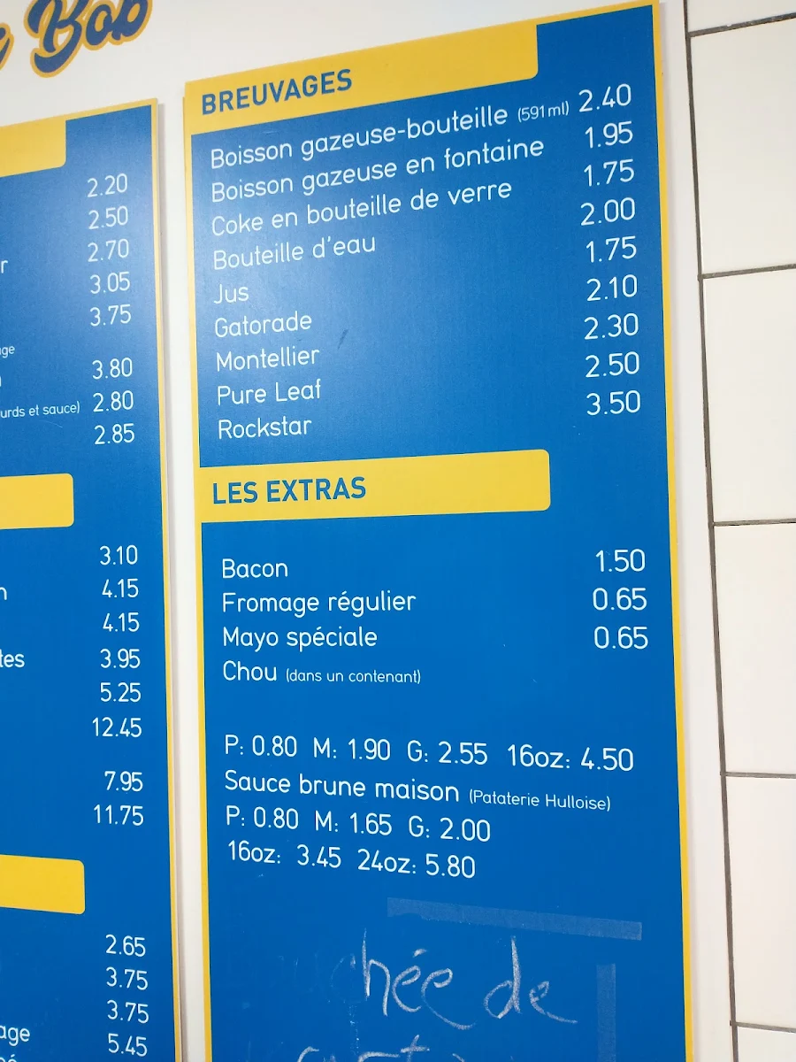 Menu, Chez Bob Pataterie