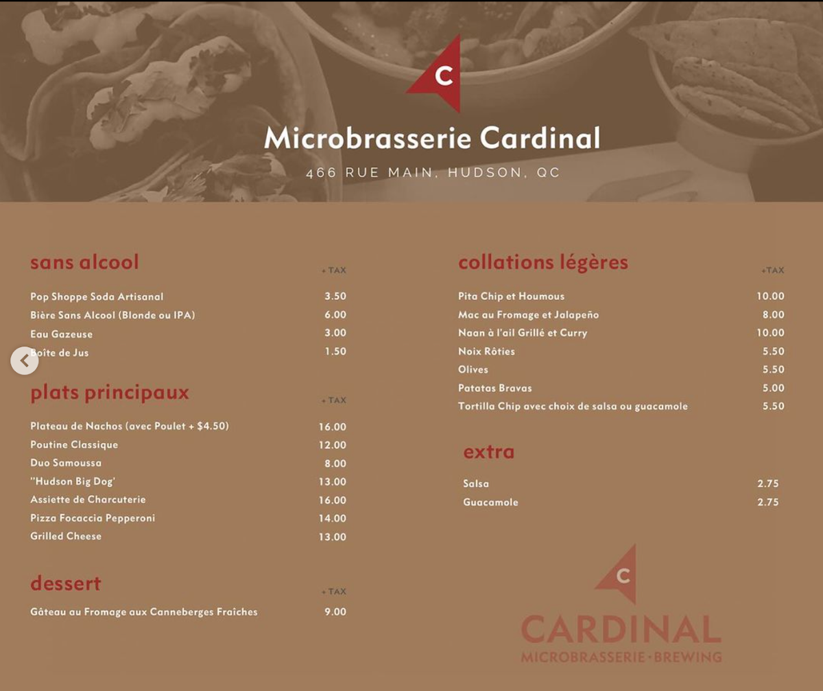 Menu, Cardinal Brewing