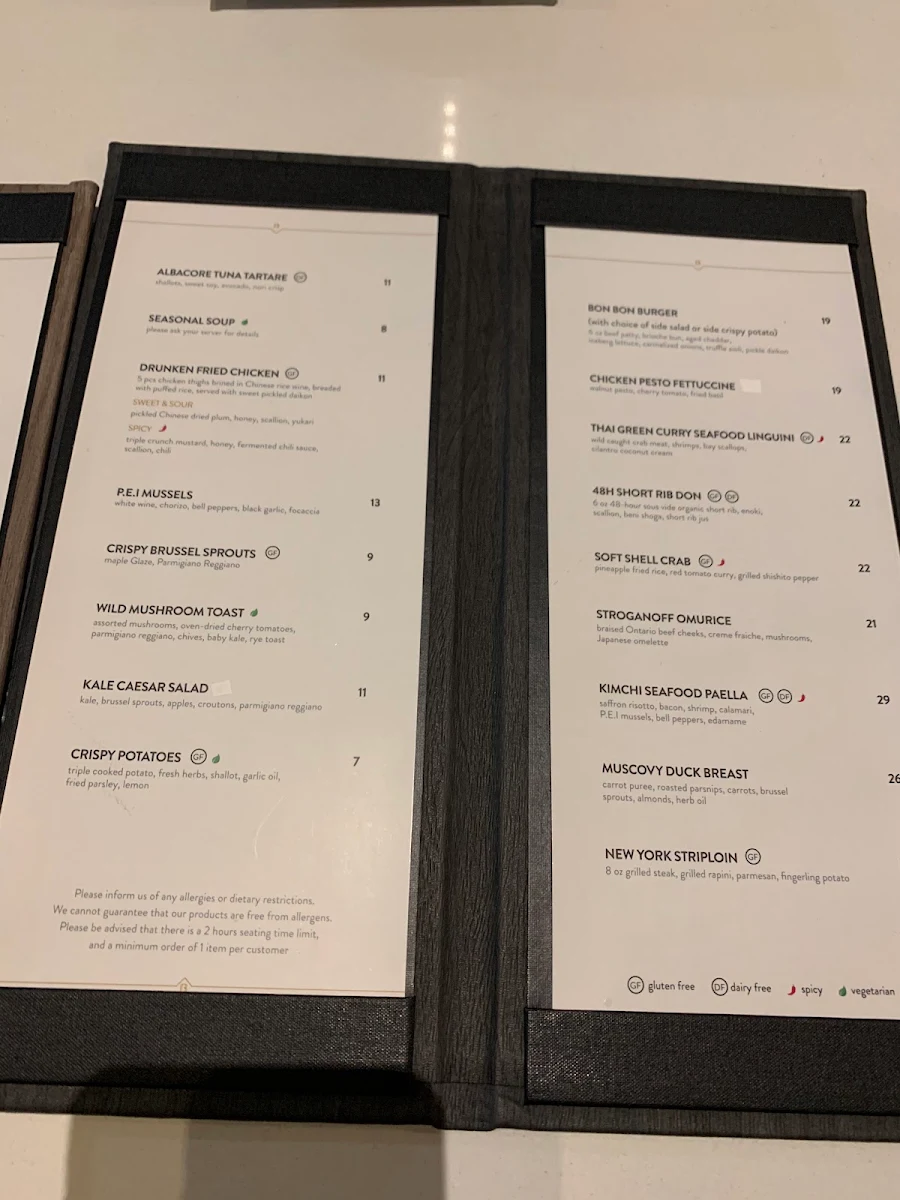 Menu, Cafe Bon Bon