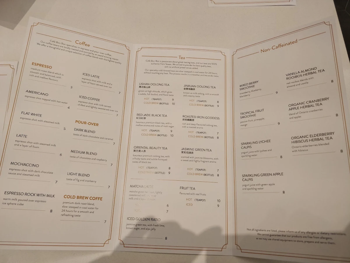 Menu, Cafe Bon Bon