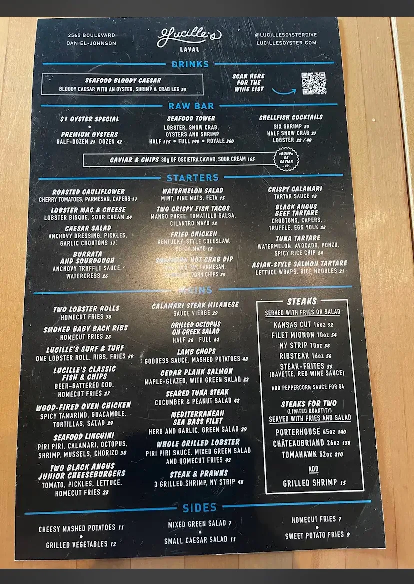 Menu, Lucille's Laval