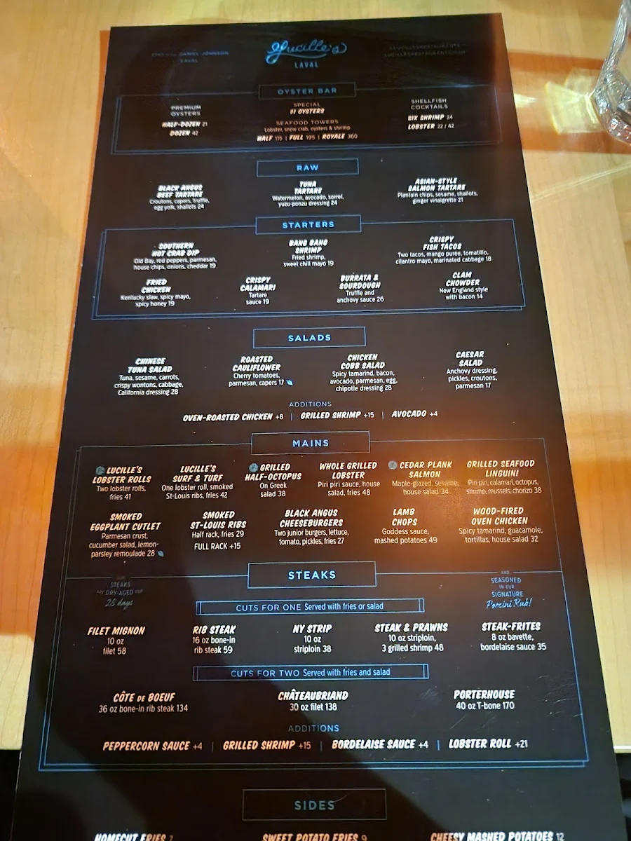 Menu, Lucille's Laval