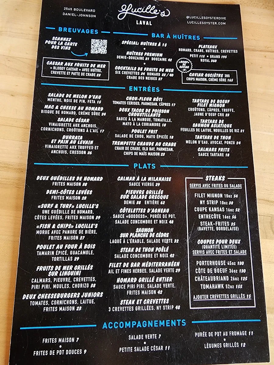 Menu, Lucille's Laval