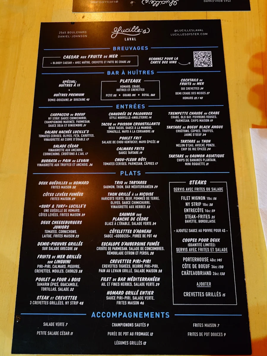 Menu, Lucille's Laval