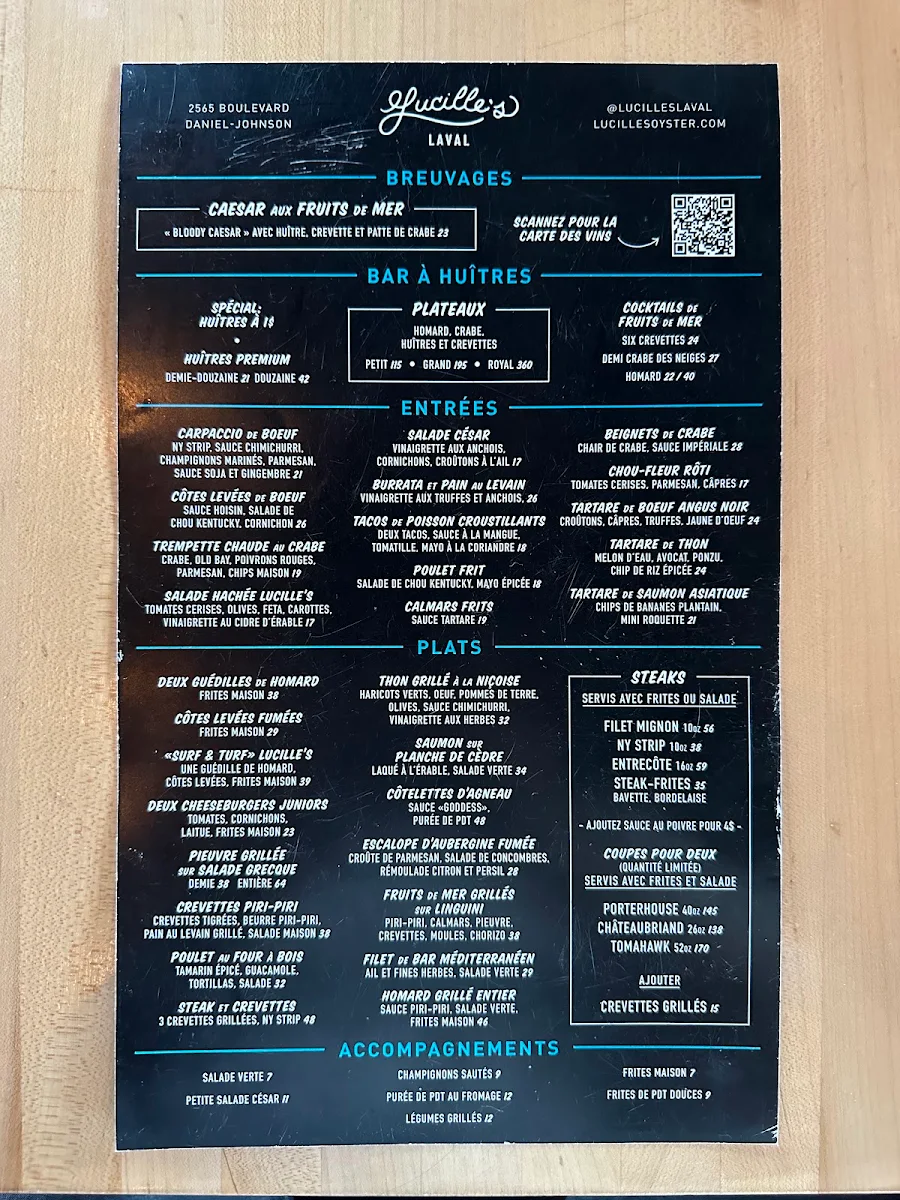 Menu, Lucille's Laval