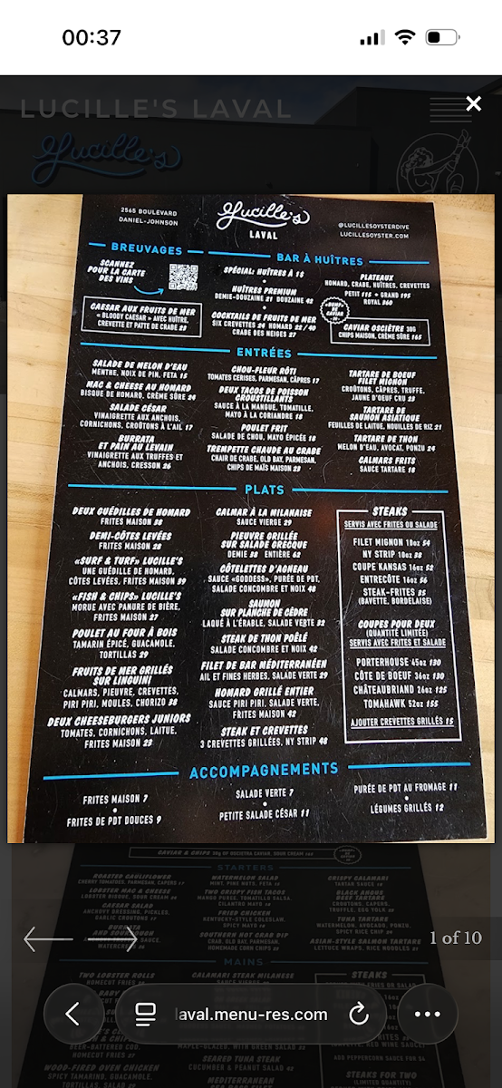 Menu, Lucille's Laval