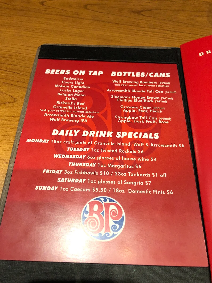Menu, Boston Pizza