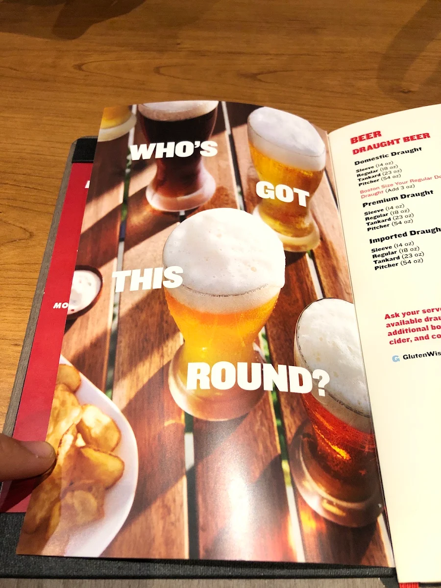 Menu, Boston Pizza