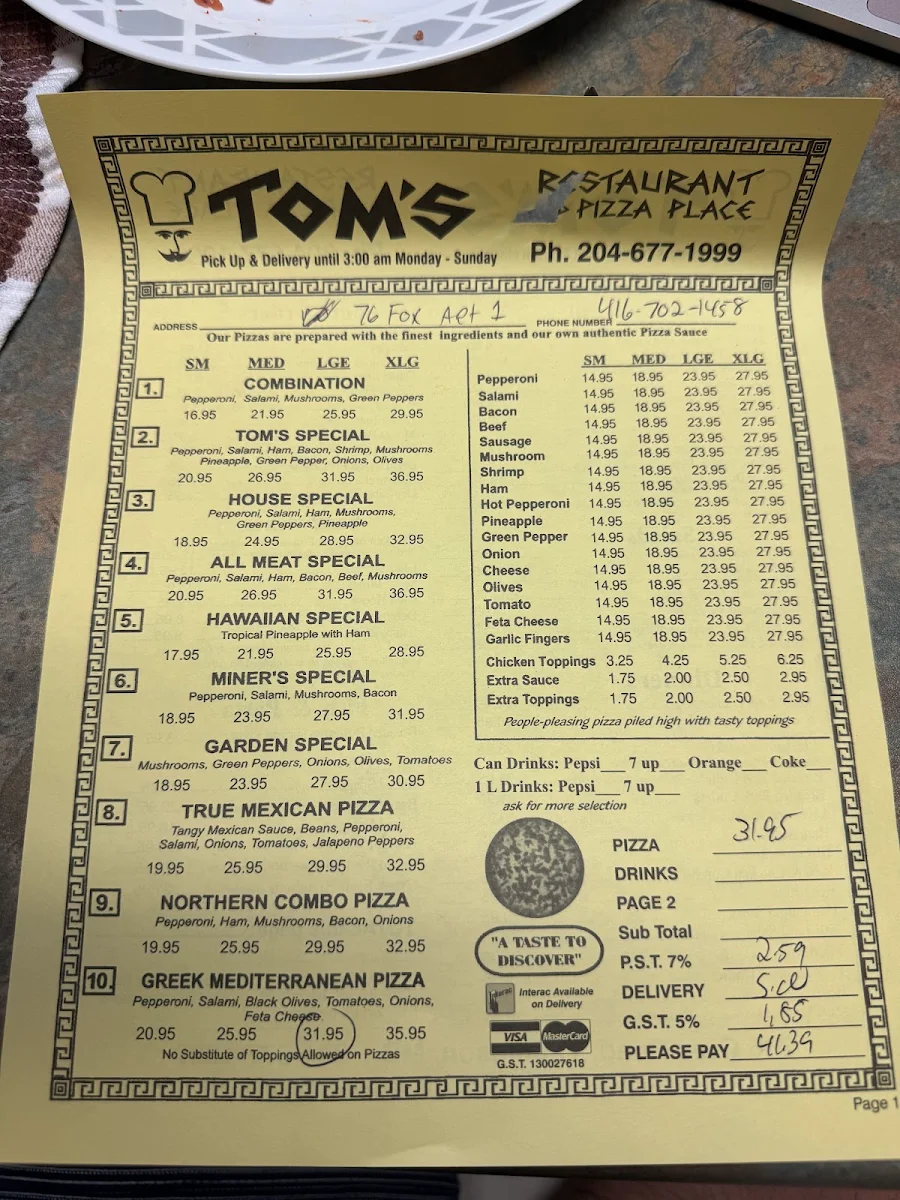 Menu, Tom's Pizza