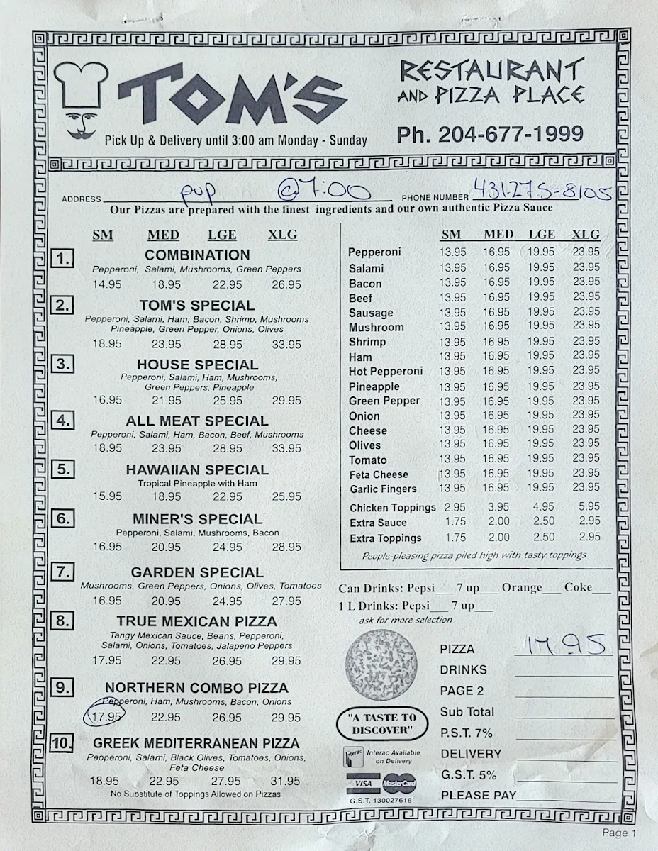 Menu, Tom's Pizza