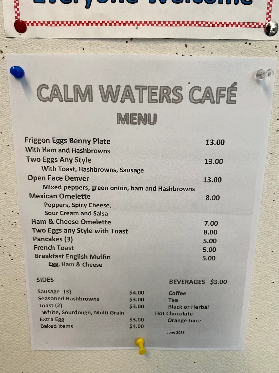 Menu, Calm Waters Cafe at the Port Alice Legion