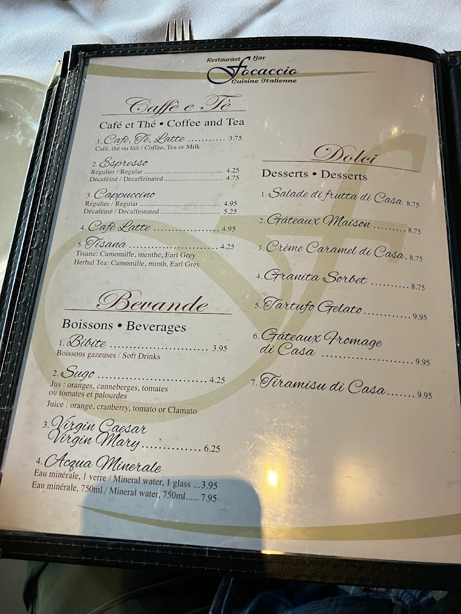 Menu, Restaurant Bar Focaccio