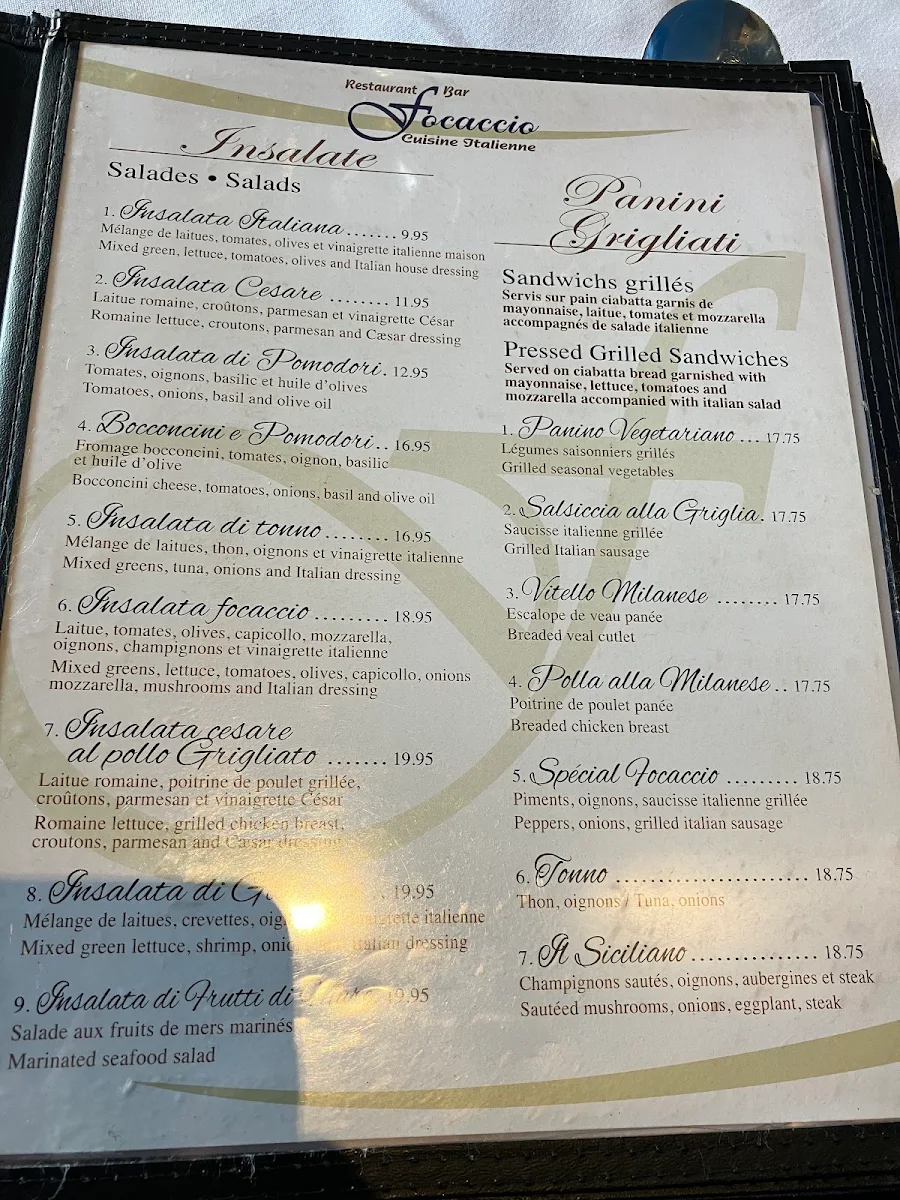 Menu, Restaurant Bar Focaccio
