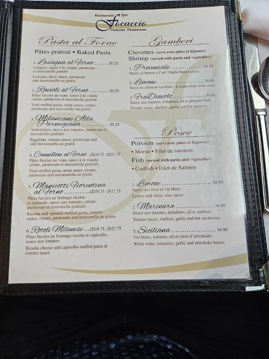 Menu, Restaurant Bar Focaccio