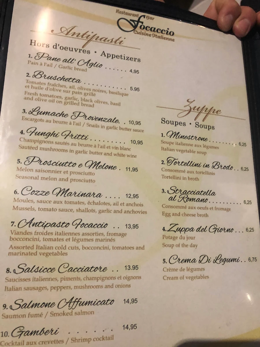 Menu, Restaurant Bar Focaccio