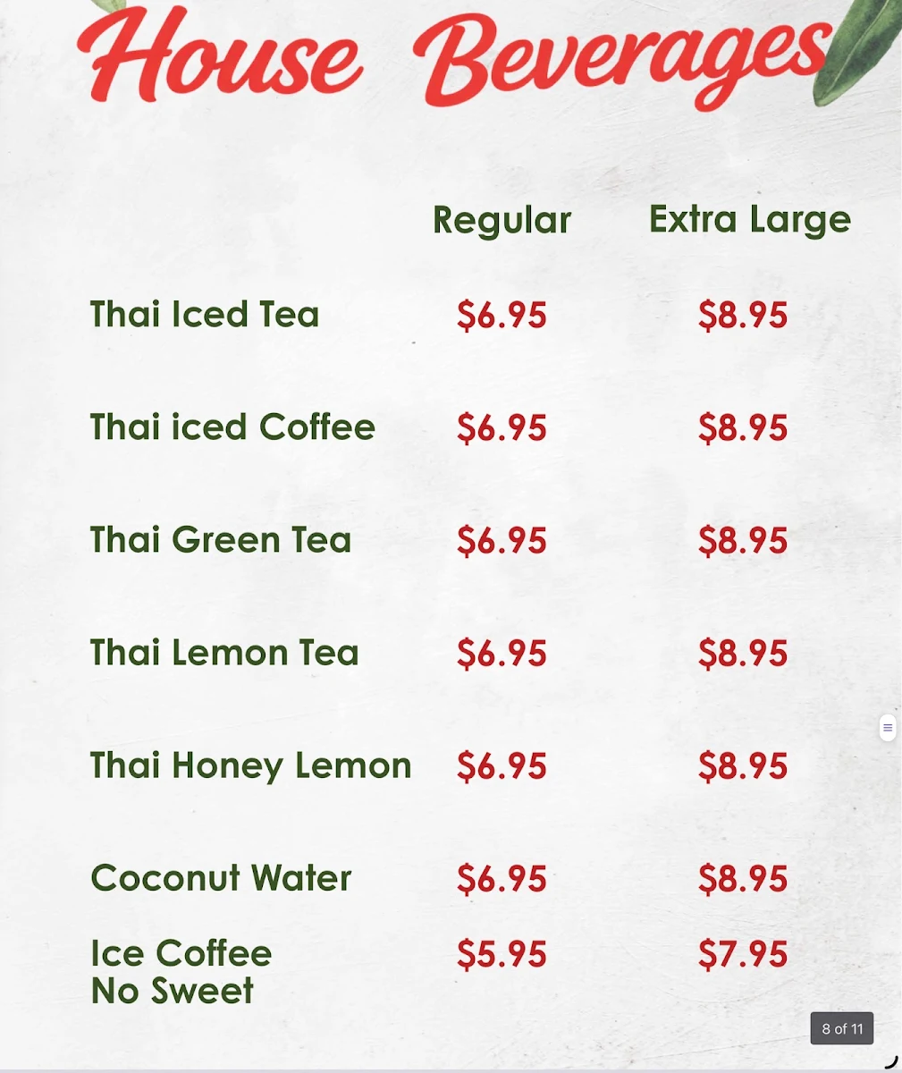 Menu, Pik Thai Restaurant