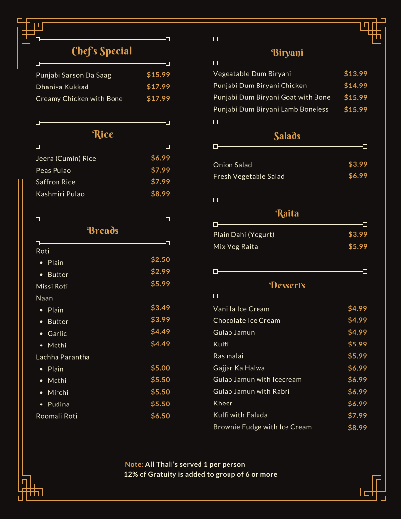 Menu, The Spice Route