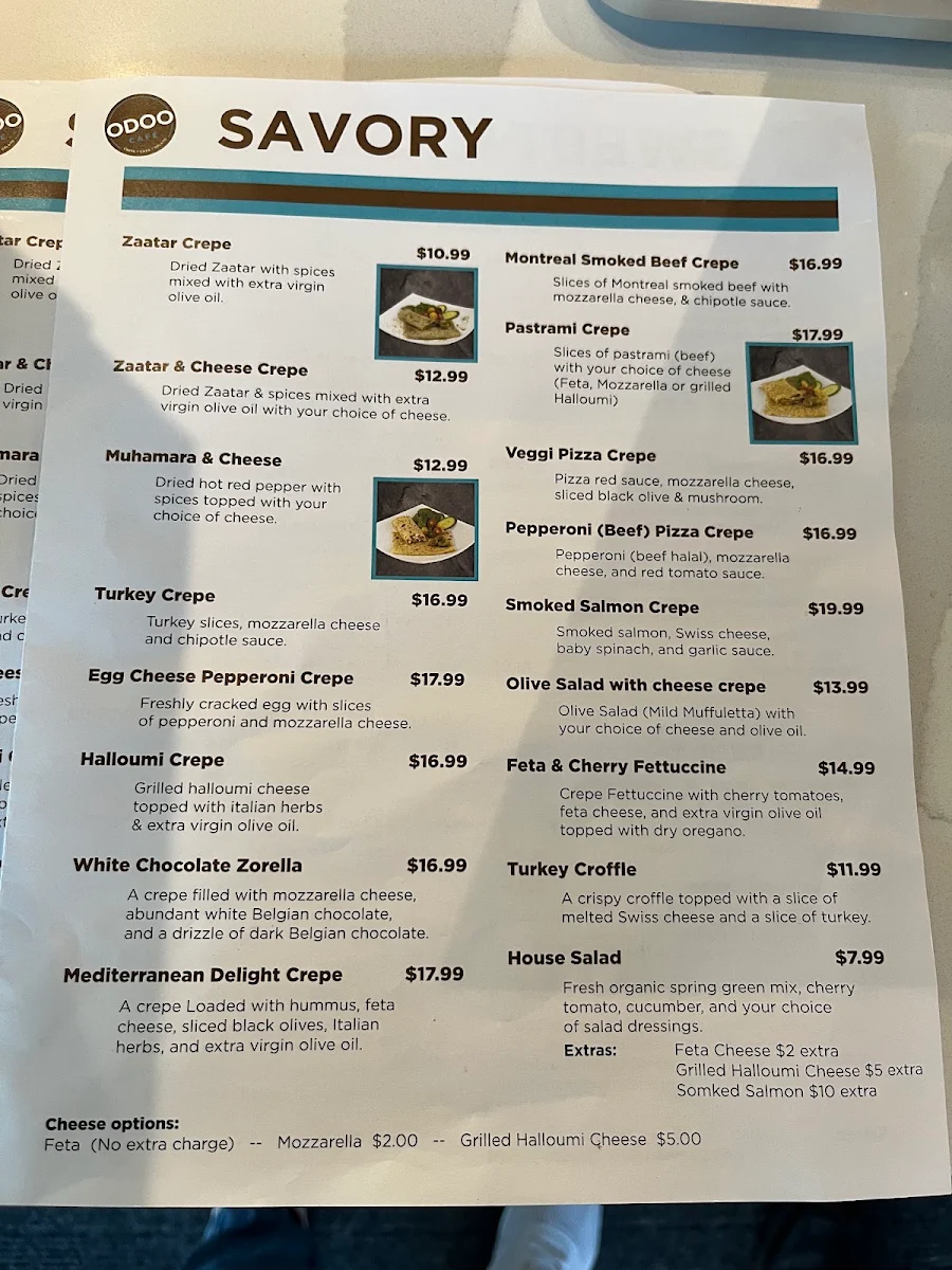 Menu, Odoo Cafe - Crepes, Cakes & Gelato