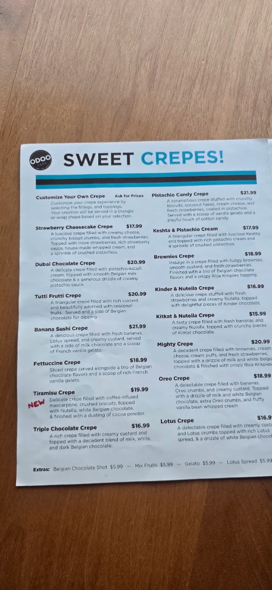 Menu, Odoo Cafe - Crepes, Cakes & Gelato