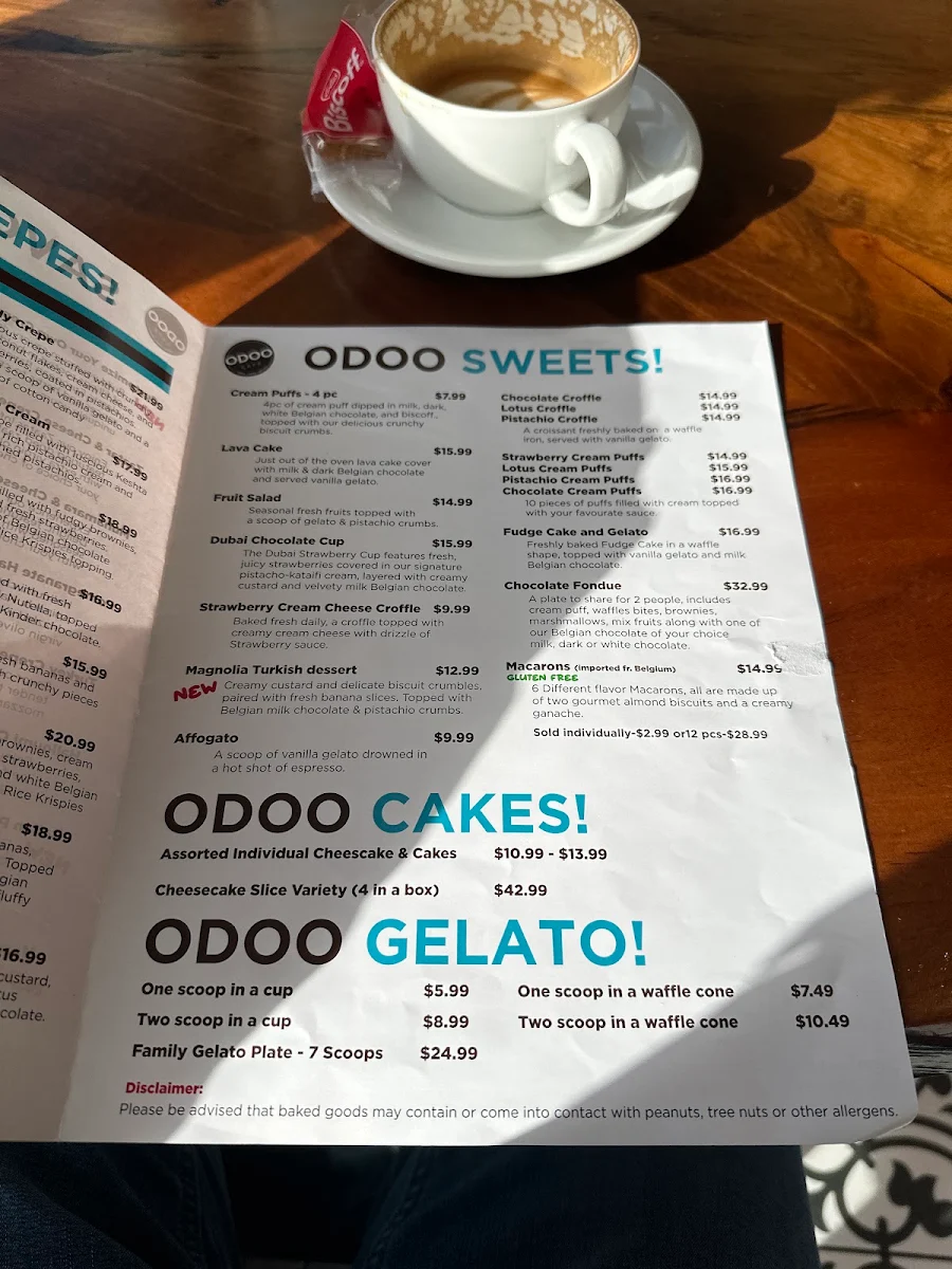 Menu, Odoo Cafe - Crepes, Cakes & Gelato