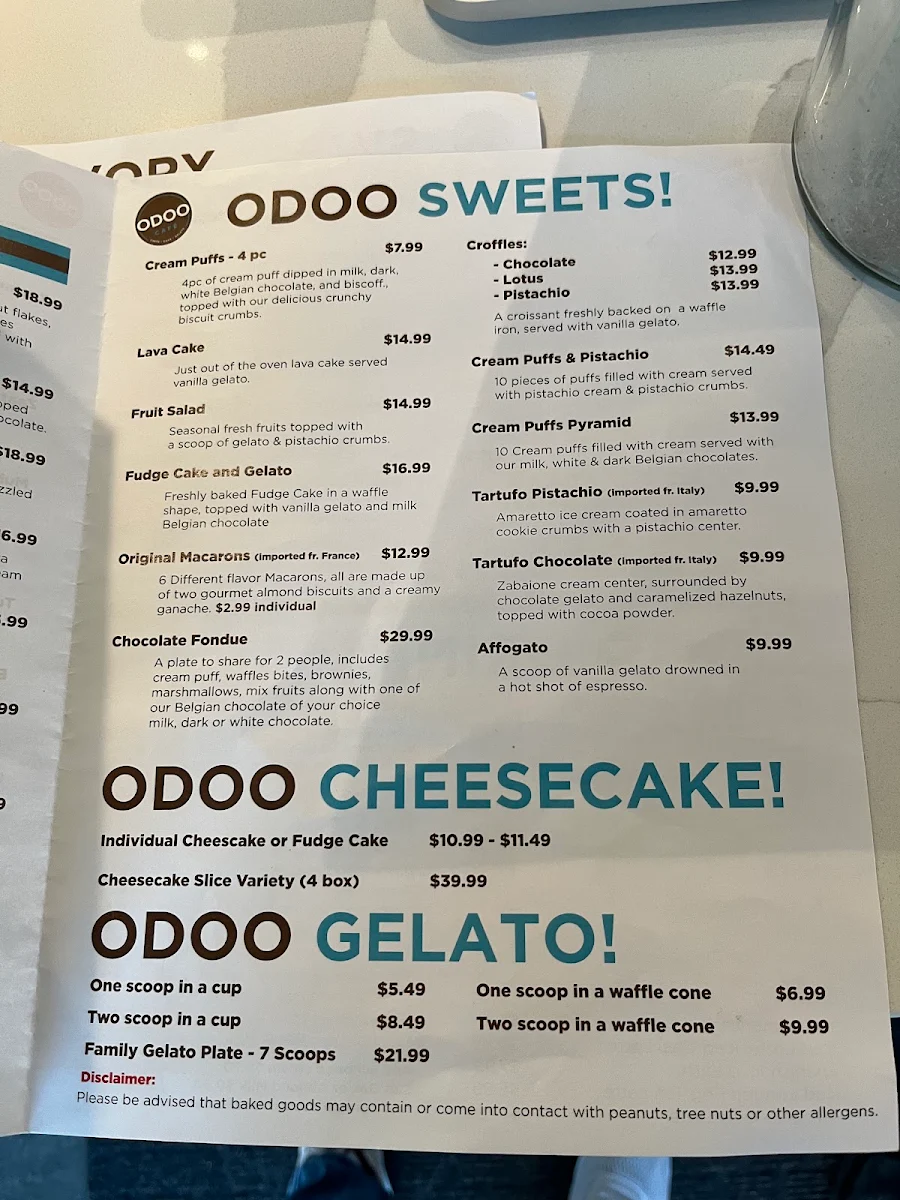 Menu, Odoo Cafe - Crepes, Cakes & Gelato