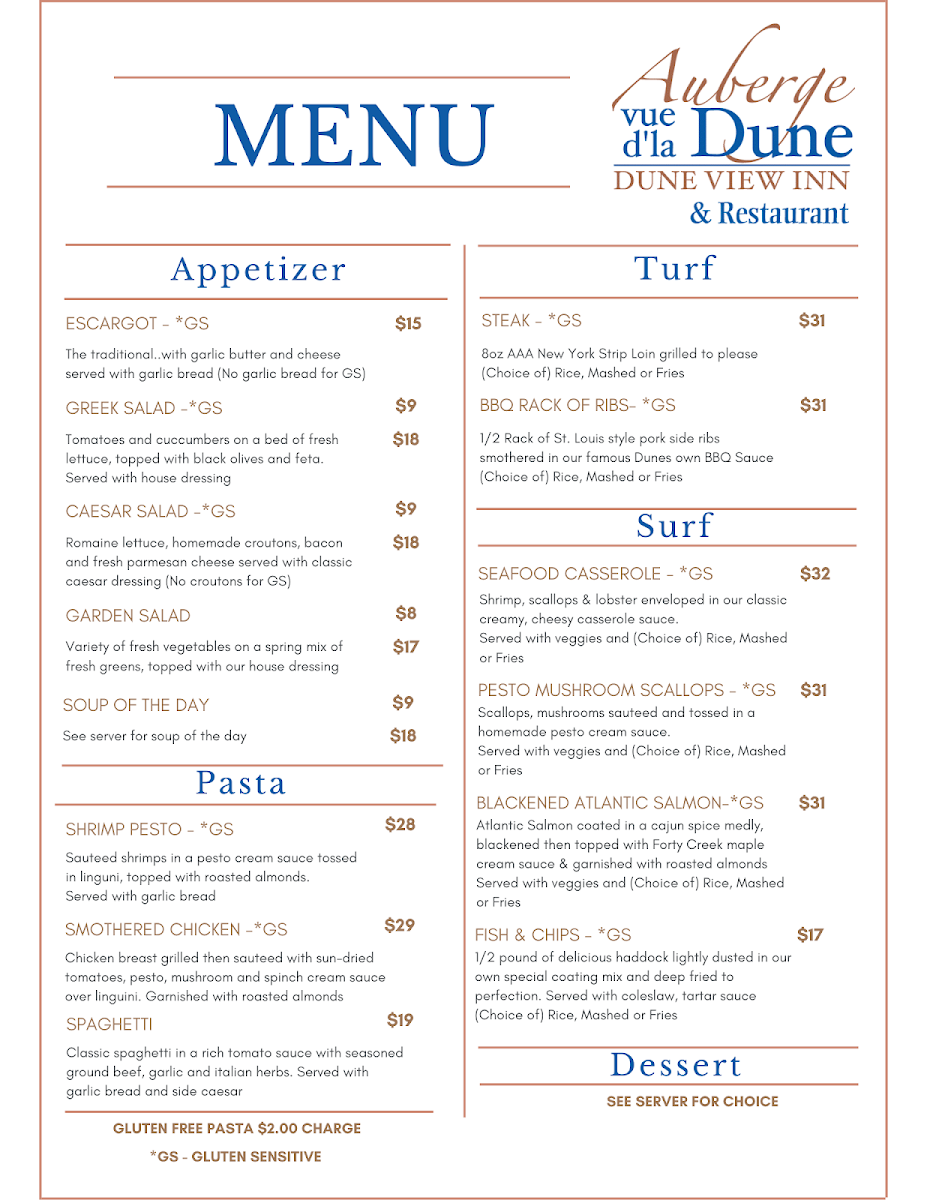 Menu, Auberge Vue d'la Dune/Dune View Inn