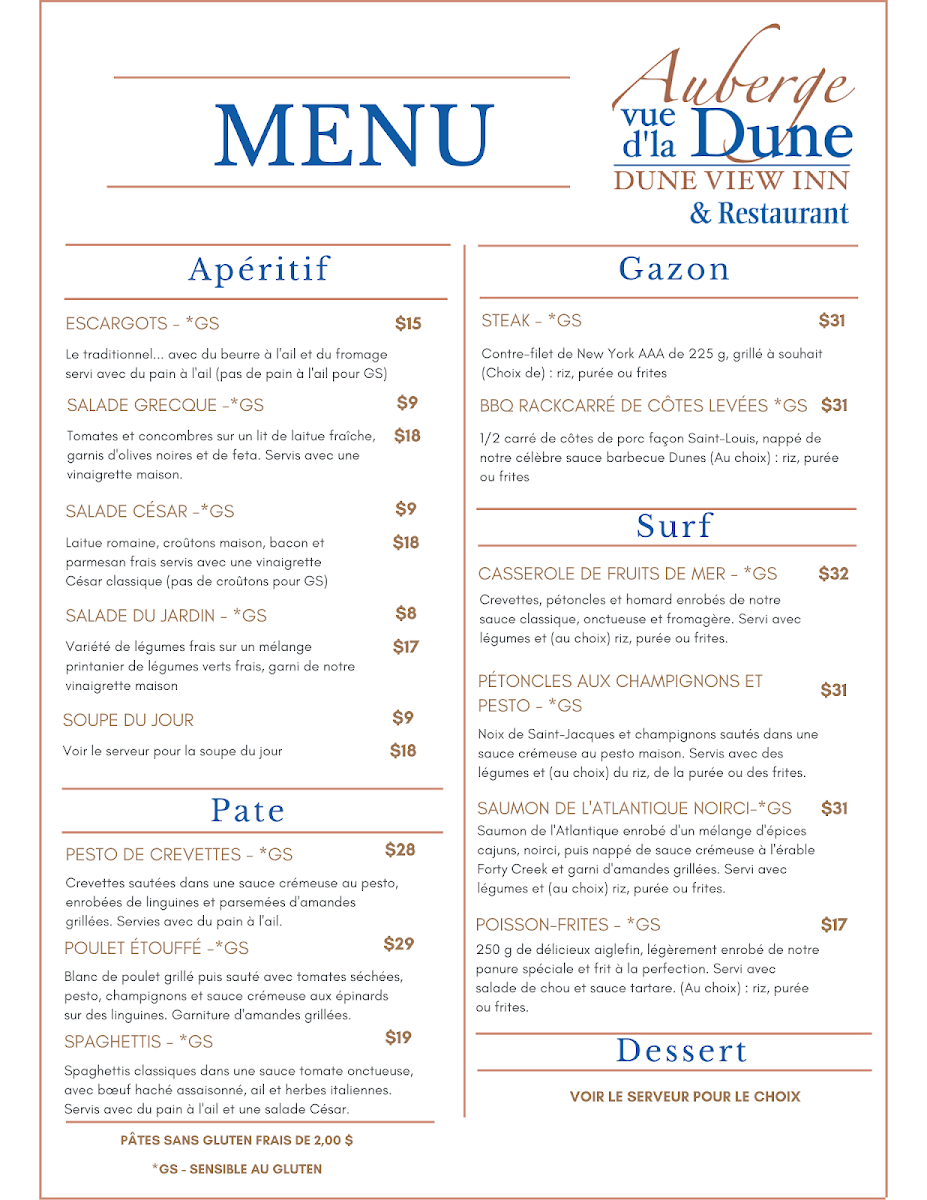 Menu, Auberge Vue d'la Dune/Dune View Inn