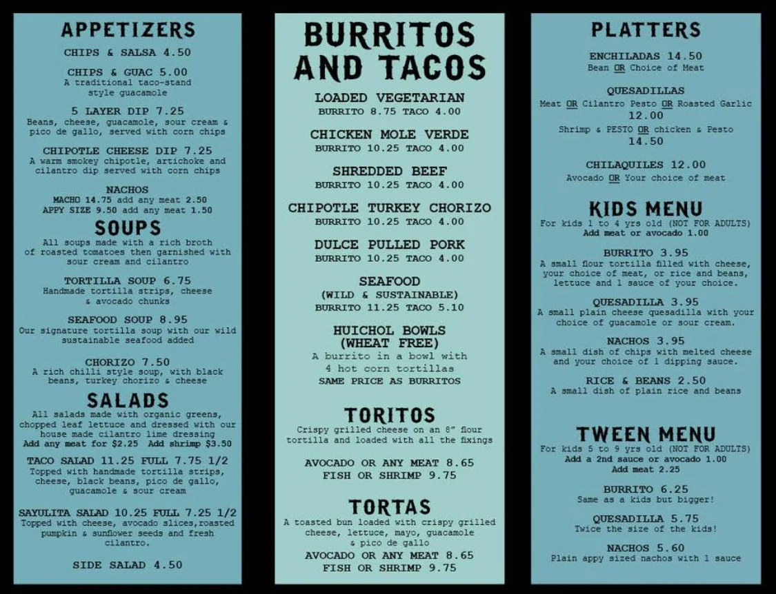 Menu, El Taco