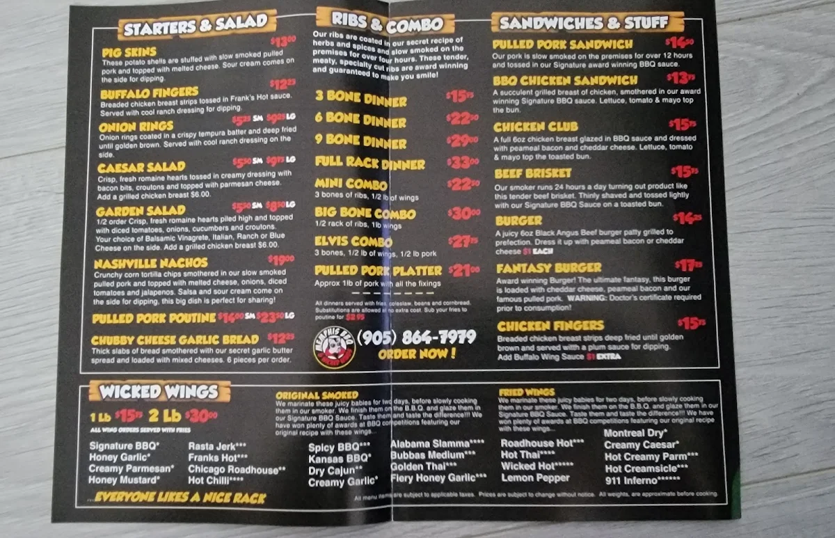 Menu, Memphis BBQ & Wicked Wings