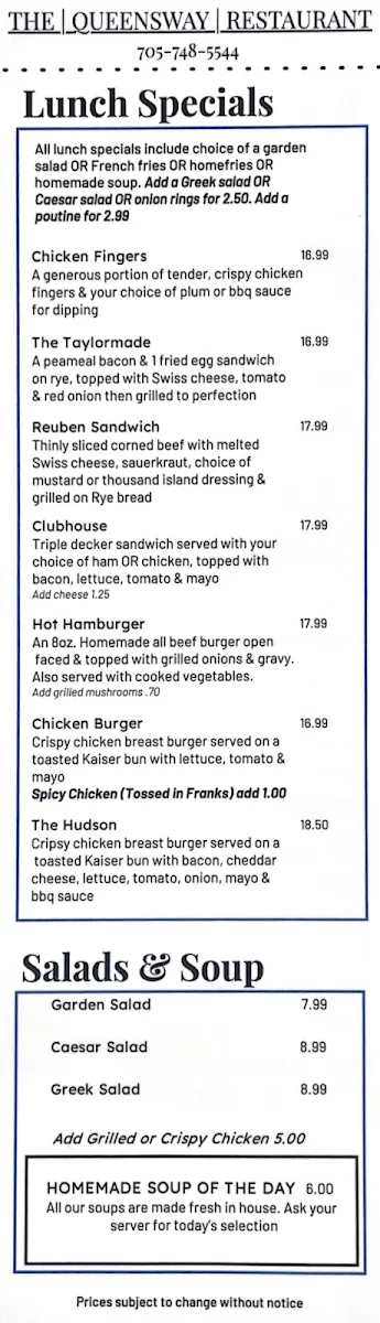 Menu, Queensway Restaurant