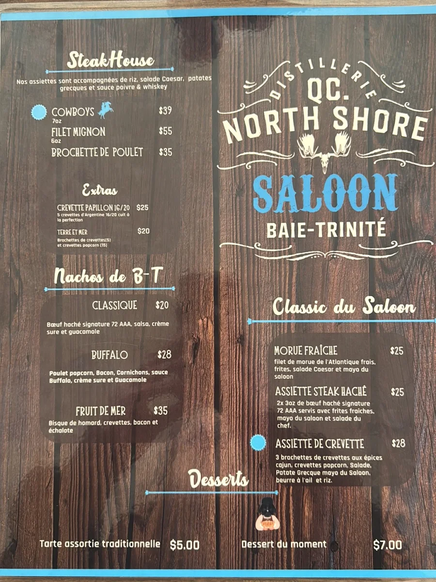 Menu, Qc. North Shore Saloon Baie-Trinité