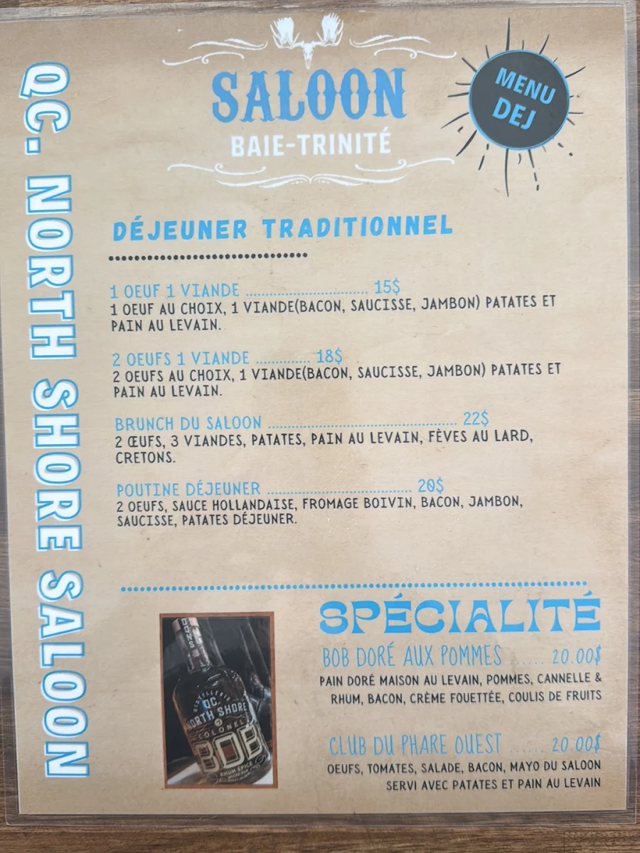 Menu, Qc. North Shore Saloon Baie-Trinité