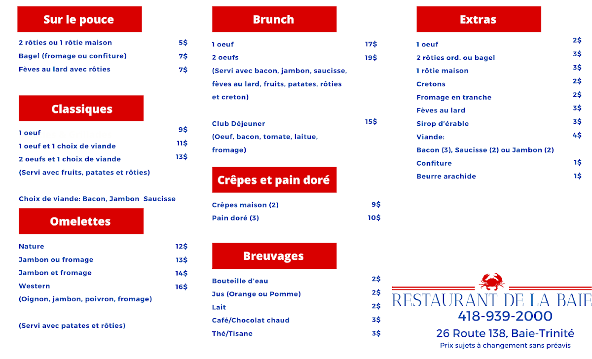 Menu, Qc. North Shore Saloon Baie-Trinité
