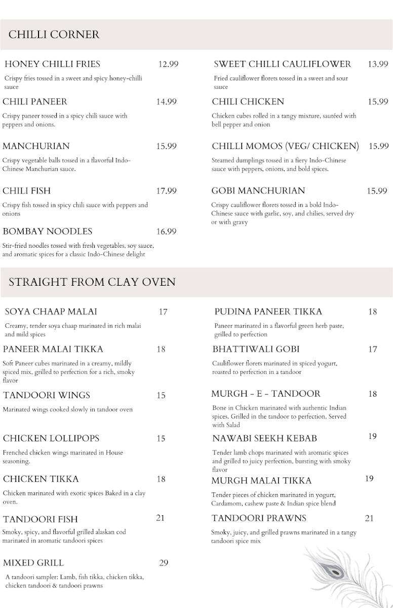 Menu, Bombay Kitchen + Bar - Commercial Dr