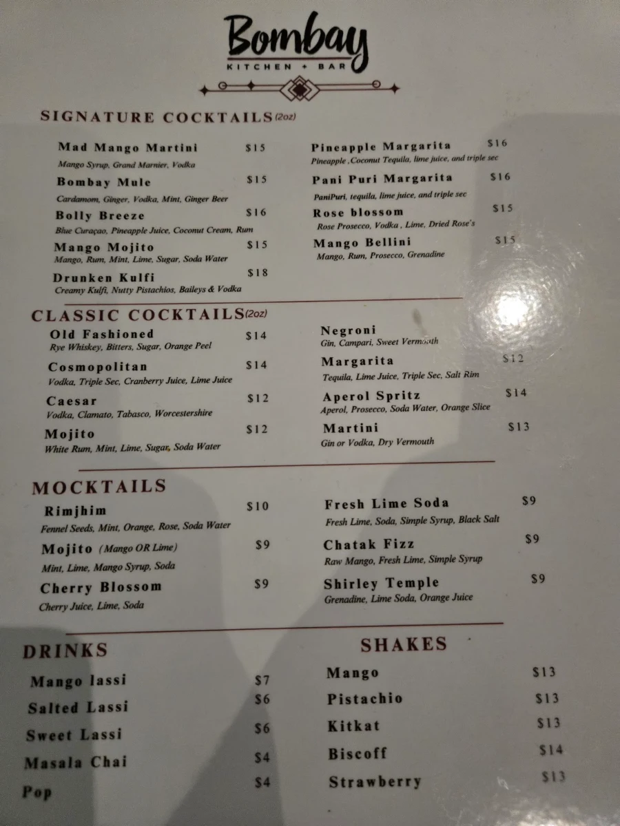 Menu, Bombay Kitchen + Bar - Commercial Dr
