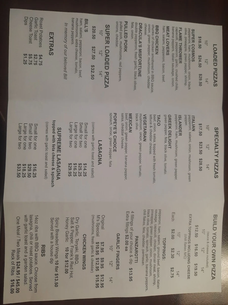 Menu, Mr J's Pizza Etc