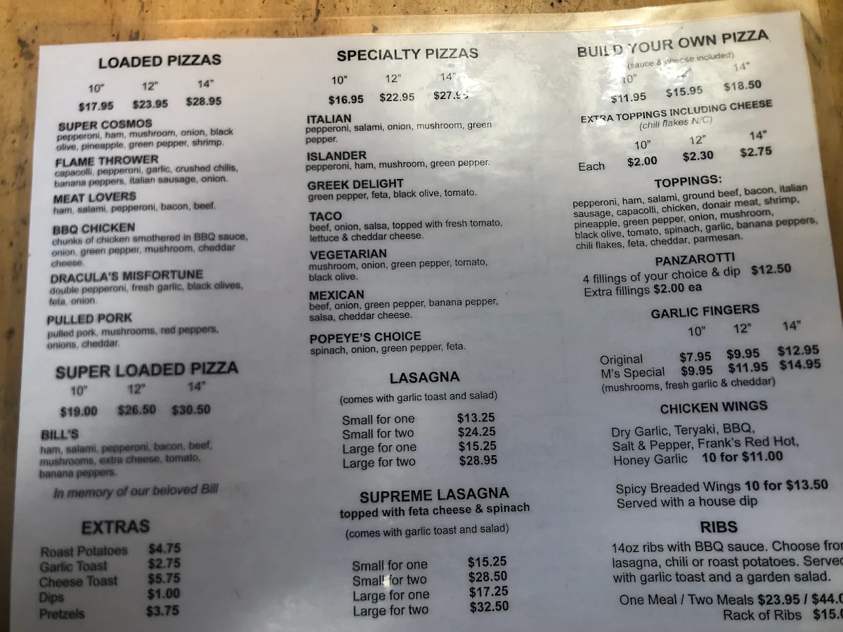 Menu, Mr J's Pizza Etc