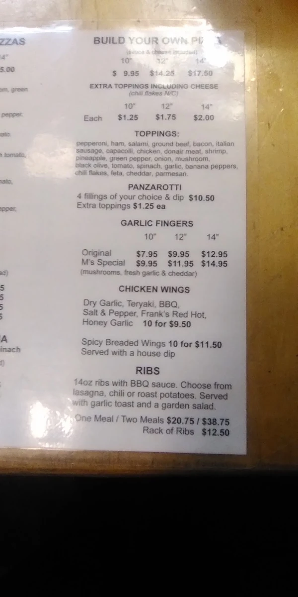 Menu, Mr J's Pizza Etc