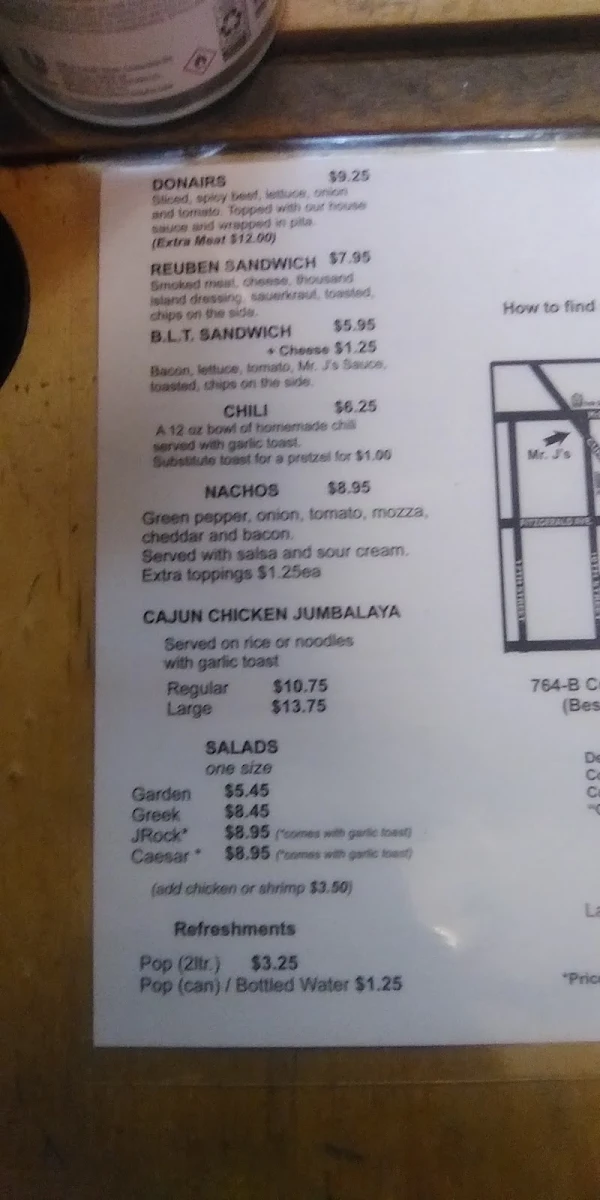 Menu, Mr J's Pizza Etc
