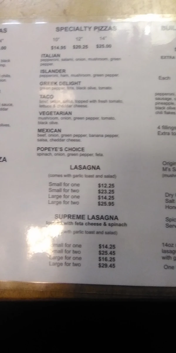 Menu, Mr J's Pizza Etc